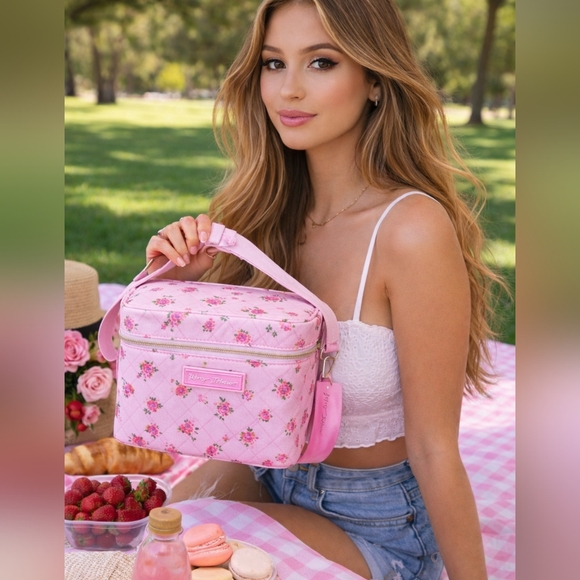 NWT Betsey Johnson Insulated Lunch Tote Bag Pink Roses Crossbody Shoulder Strap - Picture 1 of 11